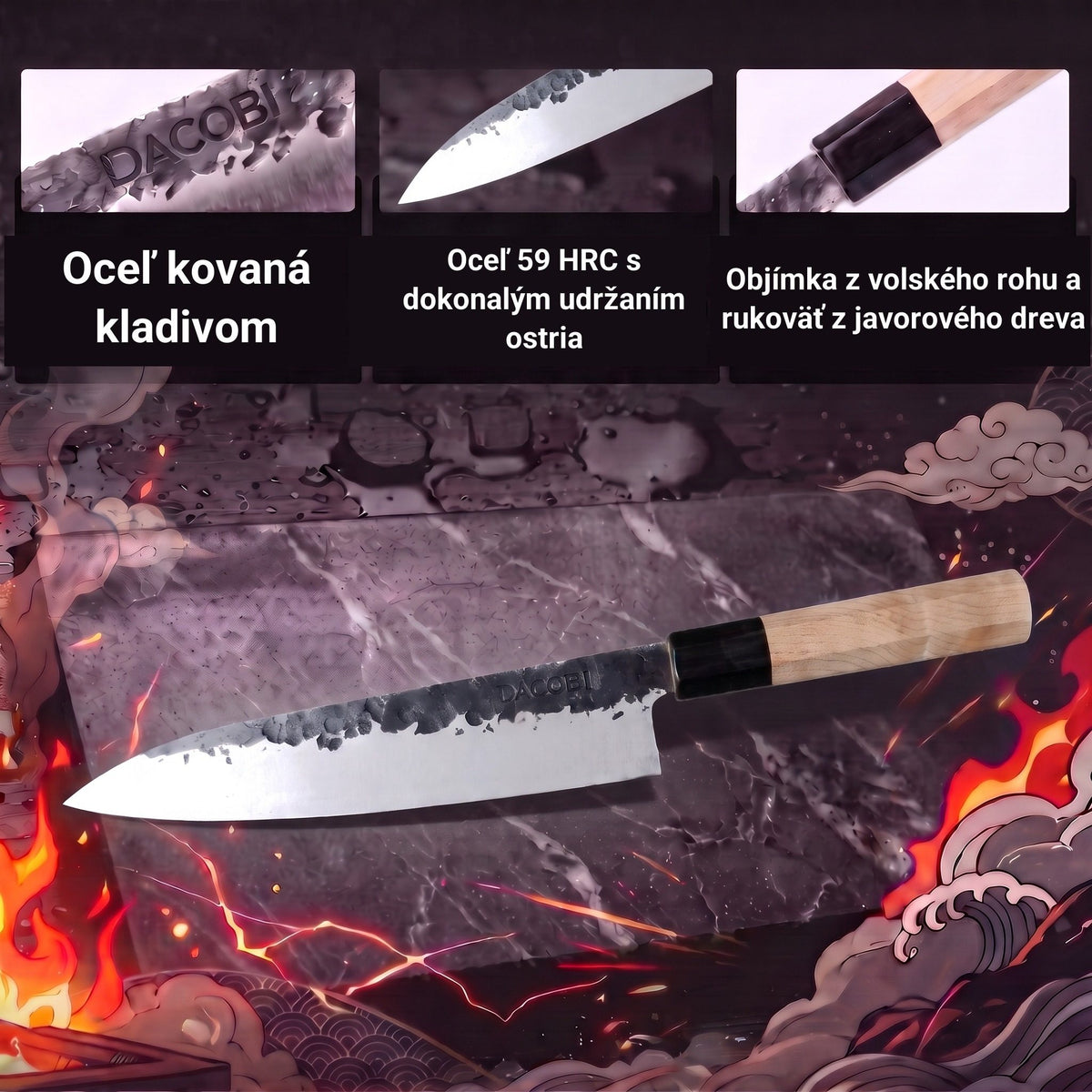 Infografika s vlastnosťami noža Gyuto Tsuchime