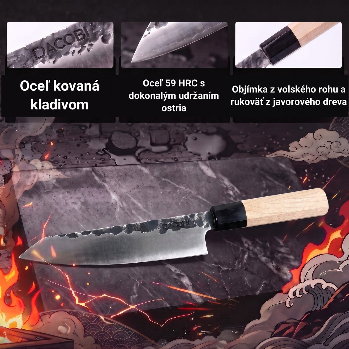Infografika s vlastnosťami noža Honesuki Tsuchime
