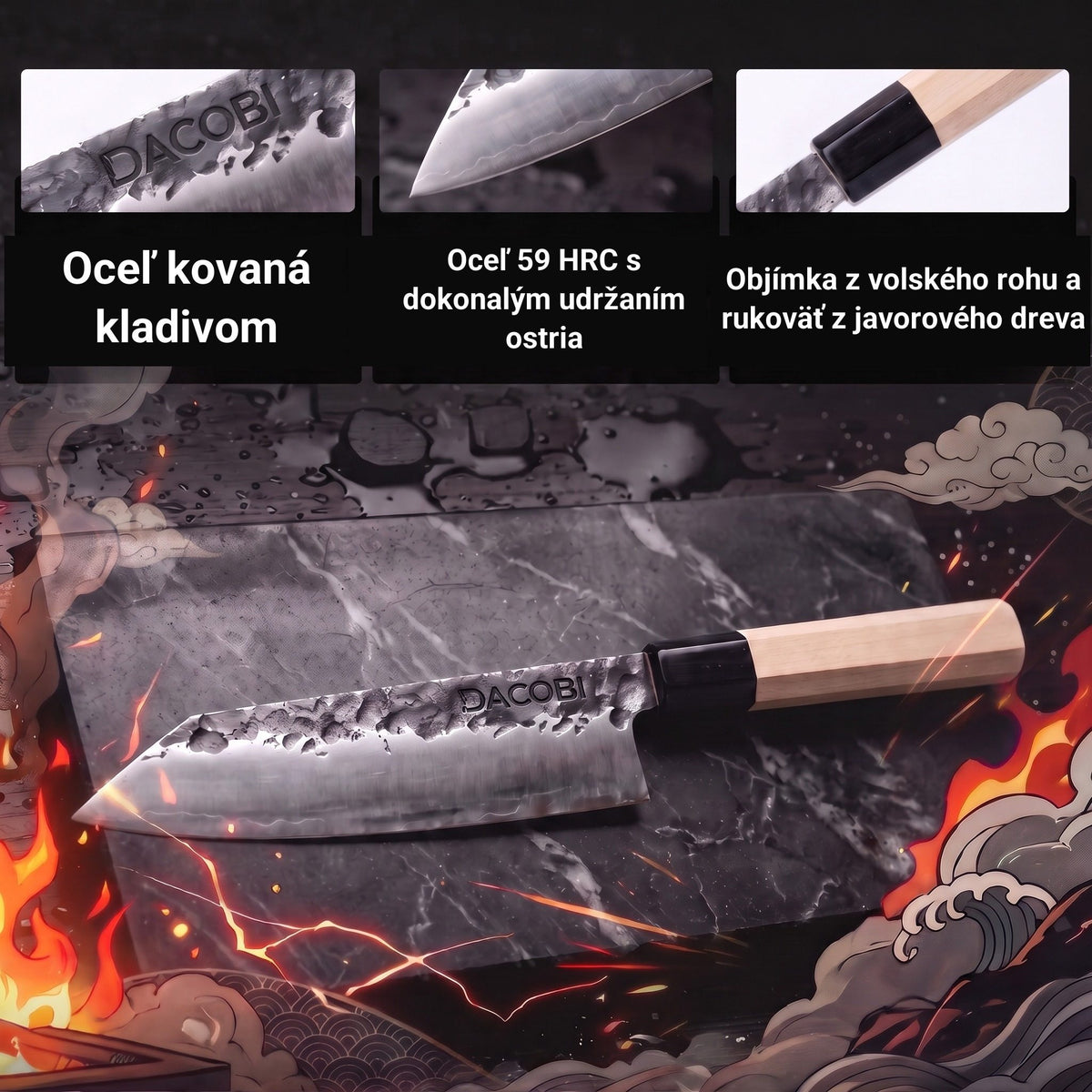 Infografika s vlastnosťami noža Kiritsuke Tsuchime