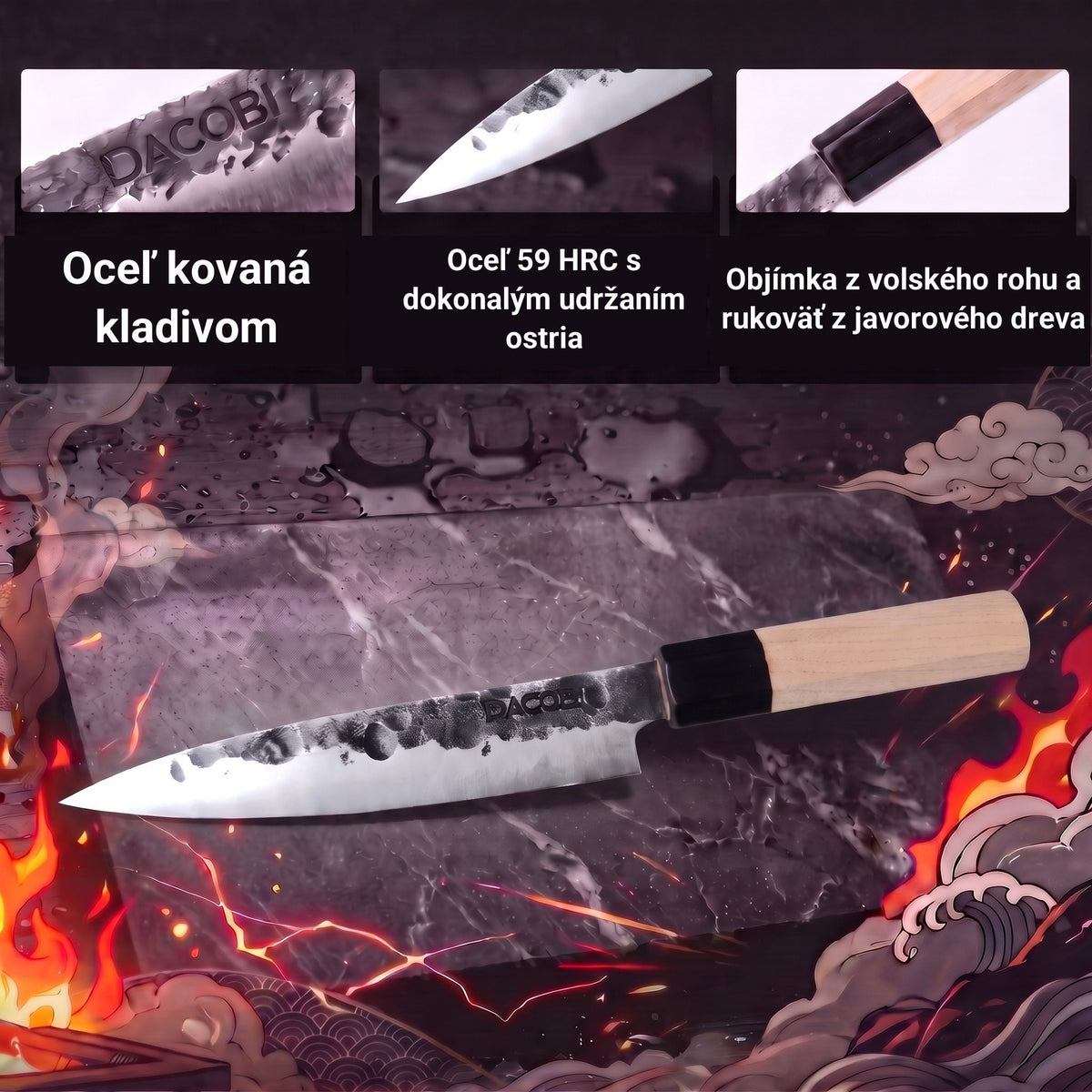 Infografika s vlastnosťami univerzálneho noža Tsuchime